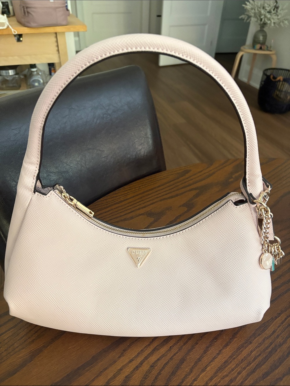 GUESS Blush Pink Saffiano Shoulder Bag with Gold Charm